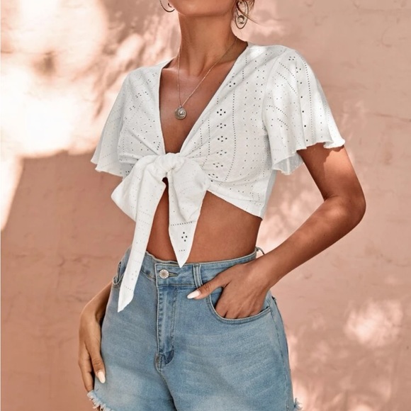 Boho Gypsy Eyelet Butterfly Sleeve Open Front Self Tie Crop Top - Picture 5 of 8